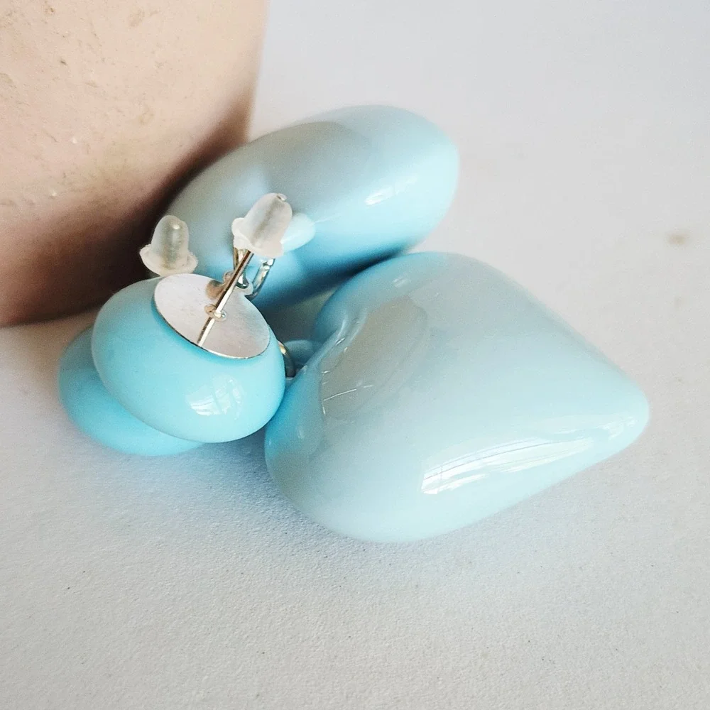 Light Blue‎ Heart Drop Earrings Glossy Puffy Dangle Statement Jewelry Post Back